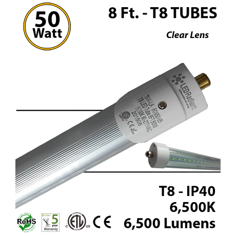 8Ft. LED Light Tube 50 Watt 6500Lm 6500K FA8 Clear Lens 