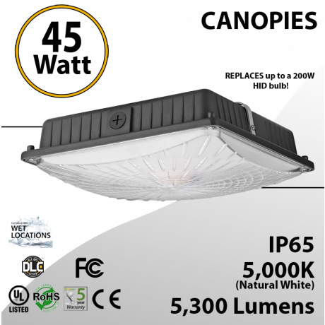 45W LED Canopy Light Ceiling Mount 5000K 5300 Lumens UL DLC IP65