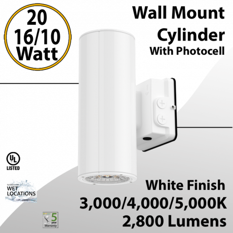 LED Wall Mount Cylinder Light 10/16/20W 3CCT 2800Lm Photocell White Finish