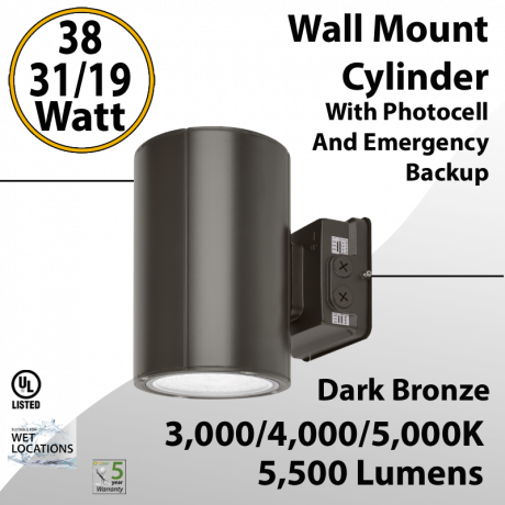 LED Wall Mount Cylinder Light 38/31/19W 3CCT 5500Lm Photocell Emergency