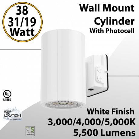 LED Wall Mount Cylinder Light 19/31/38W 3CCT 5500Lm Photocell White Finish 