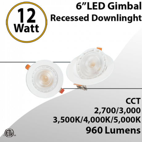 LED Gimbal Recessed Downlight 6 Inch 12W Square Trim Triac Dimmable