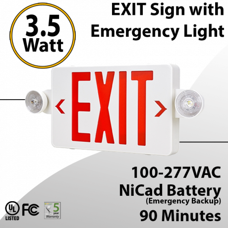 EXIT sign with Emergency Light Combo 90 minute discharge 3.5W with Battery