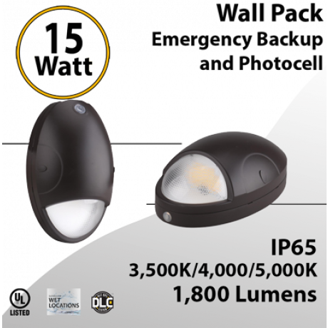 LED Emergency Wall Pack with Photocell & 90-Min Backup - 15W