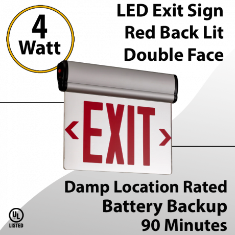 Exit Sign Edge-Lit Battery Backup Double Face Red 
