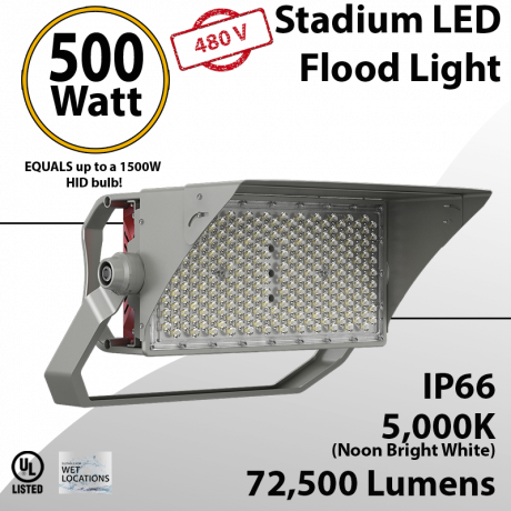 Stadium Lights 500W 72500Lm 277-480V Rectangular IP66 UL DLC