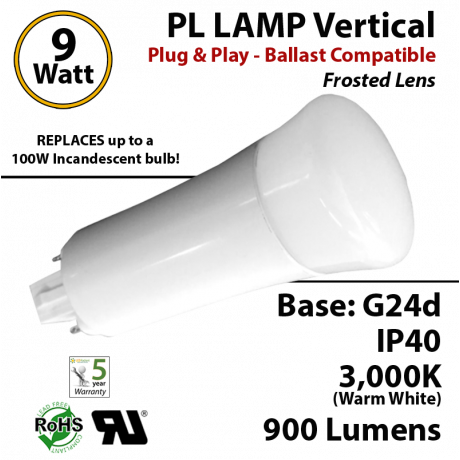 9W PL LED Lamp 900Lm 3000K Frosted Lens G24-d IP40 UL.  Ballast compatible