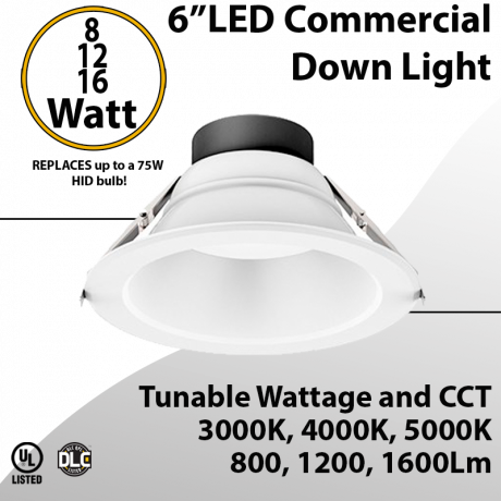 LED Downlight 6 inch 8W/12W/16W 1600Lm 30K/40K/50K 0-10V Dimmable