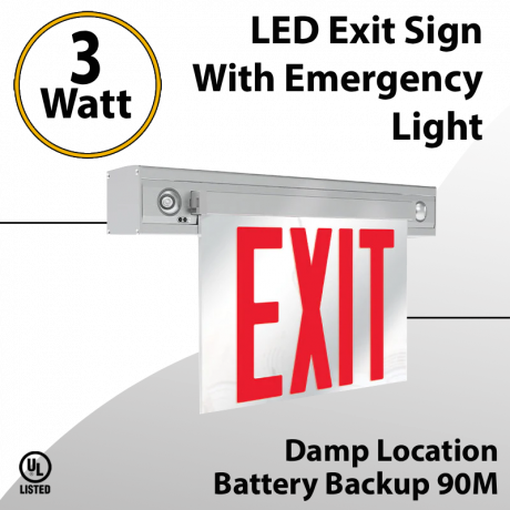 Exit Sign With Emergency Light 90M BackUp Red Letters