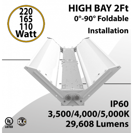 LED High Bay Light 2Ft. 220W/165W/110W 35K 40K 50K OS Ready UL DLC FCC