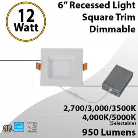 Recessed LED Light: 6 Inch 12W Square
