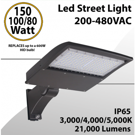 LED Street Light Fixture 150/100/80W 200-480VAC 21000Lm 3 CCT