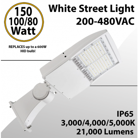 LED Street Light Fixture White 150/100/80W 200-480VAC 21000Lm 3 CCT