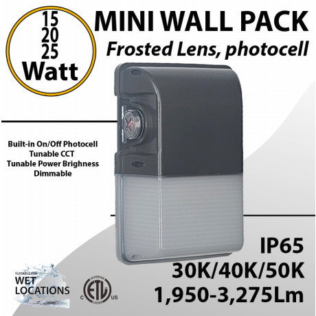LED Wall Pack light 12/25W 3275Lm CCT Tunable W/Photocell Frosted lens