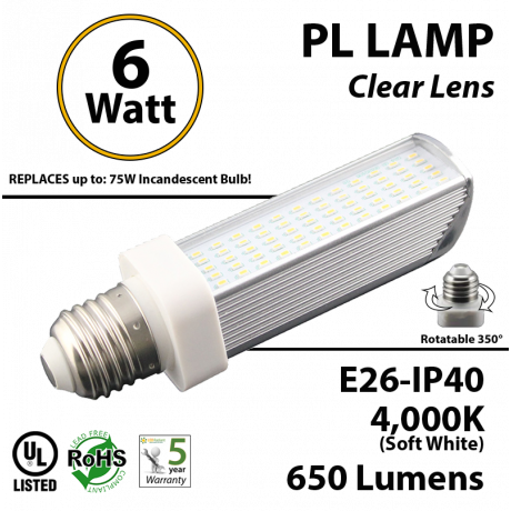 6W PL LED Bulb lamp, 650Lm, 4000K, E26, IP40, UL. (Rotatable 350 Degrees).  Direct Line (Remove Ballast)