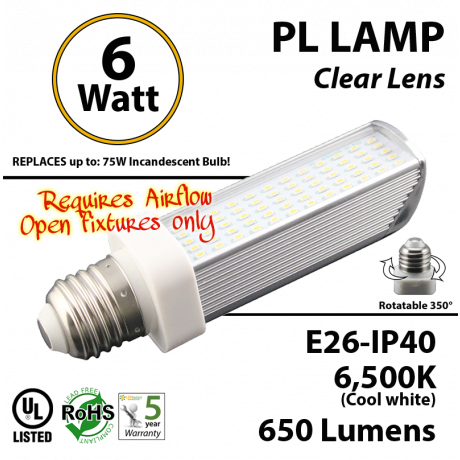 6W PL LED Bulb lamp 6500K E26 UL. Direct Line (Remove Ballast)