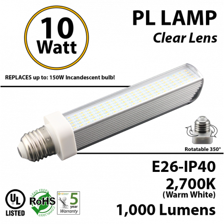 10W PL LED Bulb lamp 1000Lm 2700K Edison IP40 UL. Direct Line (Remove Ballast)