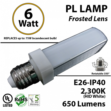 6W PL LED Bulb lamp 2300K E26 UL.Frosted.  Direct Line (Remove Ballast)