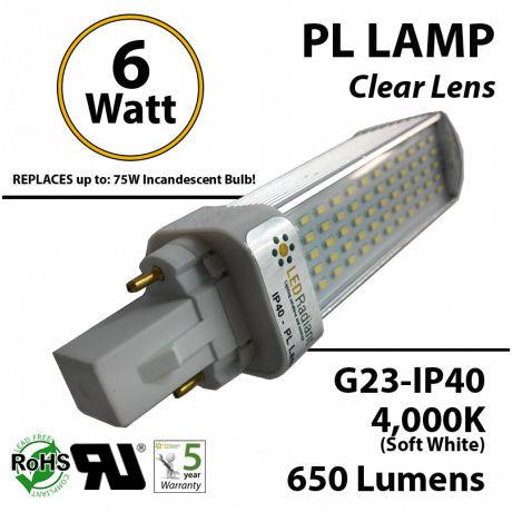 6W PL LED Bulb lamp 650Lm 4000K G23 IP40 UL. Direct Line (Remove Ballast)