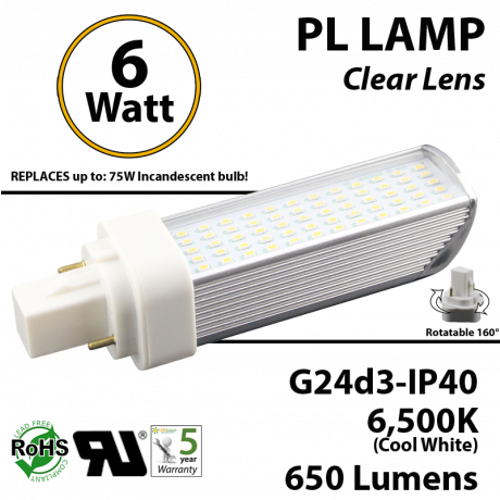 6W PL LED Bulb lamp 650Lm 6500K G24-d3 IP40 UL. Direct Line (Remove Ballast)