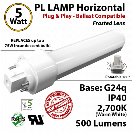 5W PL LED Lamp 500Lm 2700K Frosted Lens G24q IP40 UL. Ballast compatible.