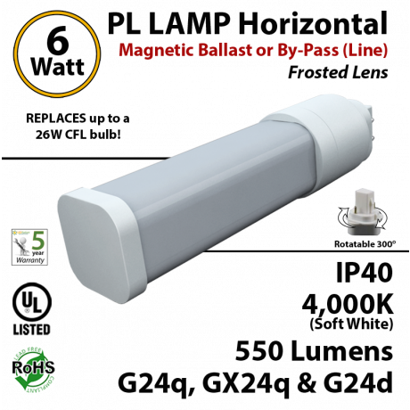 6W PL LED Lamp 550Lm 4000K Frosted G24q-d Magnetic ballast or By-pass (line)