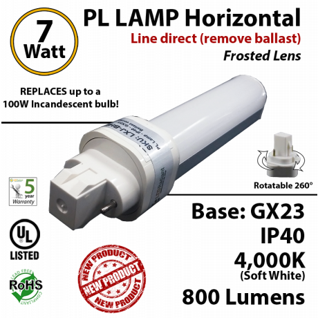 7W PL LED lamp 800Lm 4000K Frosted Direct Line (remove ballast) GX23 IP40 UL