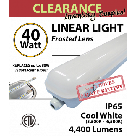 Linear Light, Vapor Tight, Waterproof, 40W with Battery Backup 4400Lm ,6000K