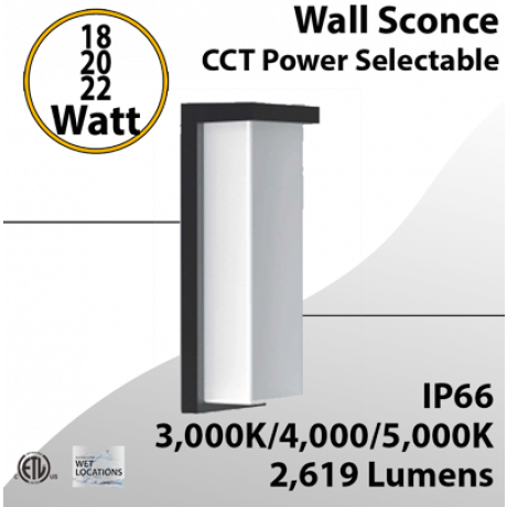Outdoor LED Wall Sconce, 3K/4K/5K, 18/20/22W, 2619lm, IP66