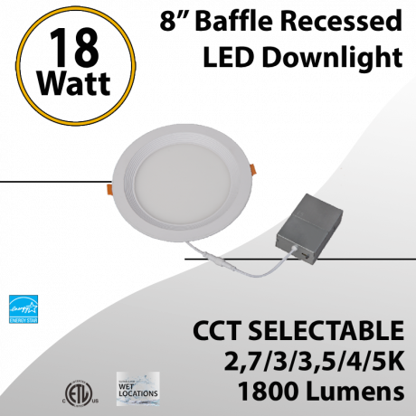 Recessed Downlight Round 8" Baffled 18W 1800Lm 100-277V 5CCT