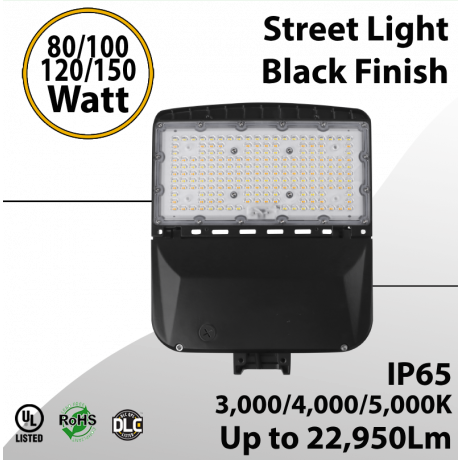 Street Light Black Finish 80 to 150W - CCT 3/4/5000K Up to 22,950Lm
