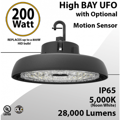 UFO Light 200W Optional Motion Sensor 28000 Lumens 5000K UL & DLC