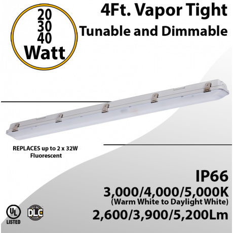 LED Vapor Tight Fixture 20/30/40W 5200Lm 3000 4000 5000K Dimmable 