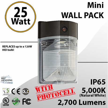 25W LED Mini Wall Pack 2700Lm 5000K IP65 W/photocell
