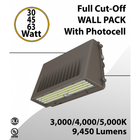 Full cut-off LED Wall Pack 30/45/63W 3000K/4000K/5000K w/Photocel (LED)