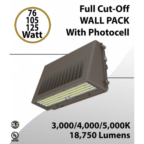 Full cut-off LED Wall Pack 76/105/125W 3000K/4000K/5000K w/Photocel