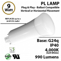 9W PL LED Lamp 990Lm 4000K Frosted Lens G24q IP40 UL Ballast Compatible