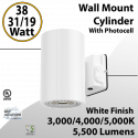LED Wall Mount Cylinder Light 38/31/19W 3CCT 5500Lm Photocell White Finish
