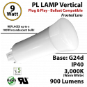9W PL LED Lamp 900Lm 3000K Frosted Lens G24-d IP40 UL.  Ballast compatible