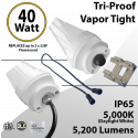LED Vapor Tight Fixture 40W Plastic 5200 Lumens 5000K Frosted Lens IP65