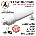 5W PL LED Lamp 500Lm 3000K Frosted Lens G24q IP40 UL. Ballast compatible