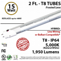 15W 2 Ft. LED T8 Aluminum Tube Light 5000K Frosted Lens 1950 Lumens Plug & Play or Line Wiring (Hybrid)