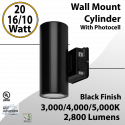 LED Wall Mount Cylinder Light 10/16/20W 3CCT 2800Lm Photocell Black Finish