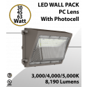 LED Wall Pack PC Lens 30/45/63W 3000K/4000K/5000K w/Photocell