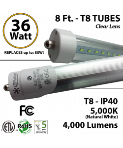 8 Ft. LED T8 Tube light 36W 4000Lm 5000K IP40 Clear Lens ETL