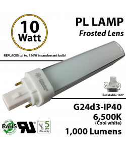 10W PL LED Bulb lamp 1000Lm 6500K G24-d3 IP40 Frosted UL. Direct Line (Remove Ballast)