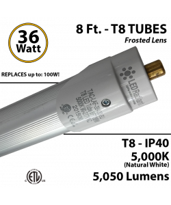 8ft LED Tube light T8 36W 5050Lm 5000K IP40 Frosted Lens
