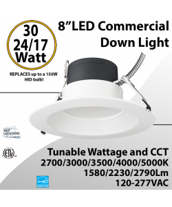 LED Commercial Downlight 8" 17/24/30W 2790lm 100-277V 27/30/35/40/50K