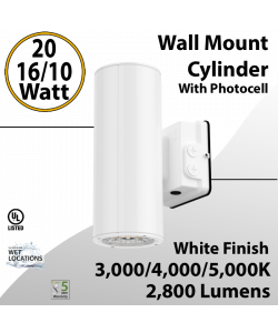 LED Wall Mount Cylinder Light 20/16/10W 3CCT 2800Lm Photocell White Finish