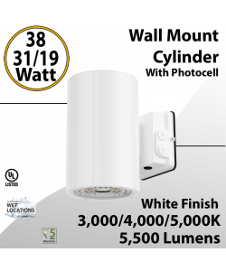 LED Wall Mount Cylinder Light 38/31/19W 3CCT 5500Lm Photocell White Finish